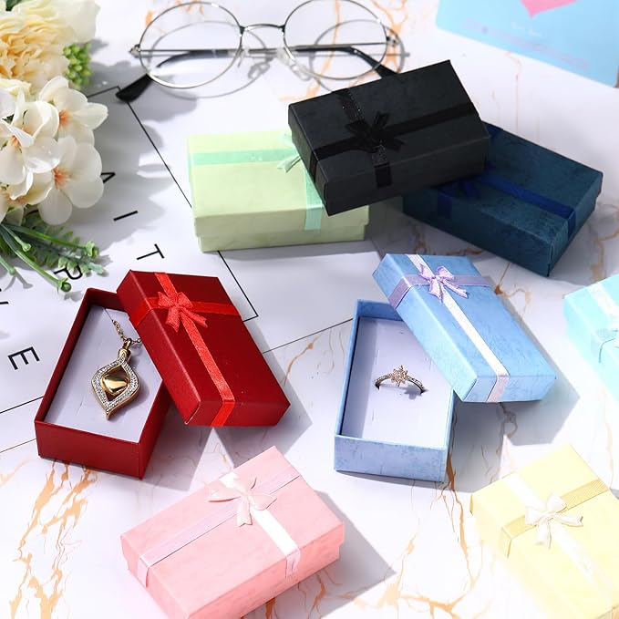 Batiyeer Jewelry Gift Boxes Set Empty Small Gift Cardboard Boxes for Jewelry Packaging with Ribbon Bowknot for Anniversaries Weddings Birthday, 8 Colors(160 Pcs)