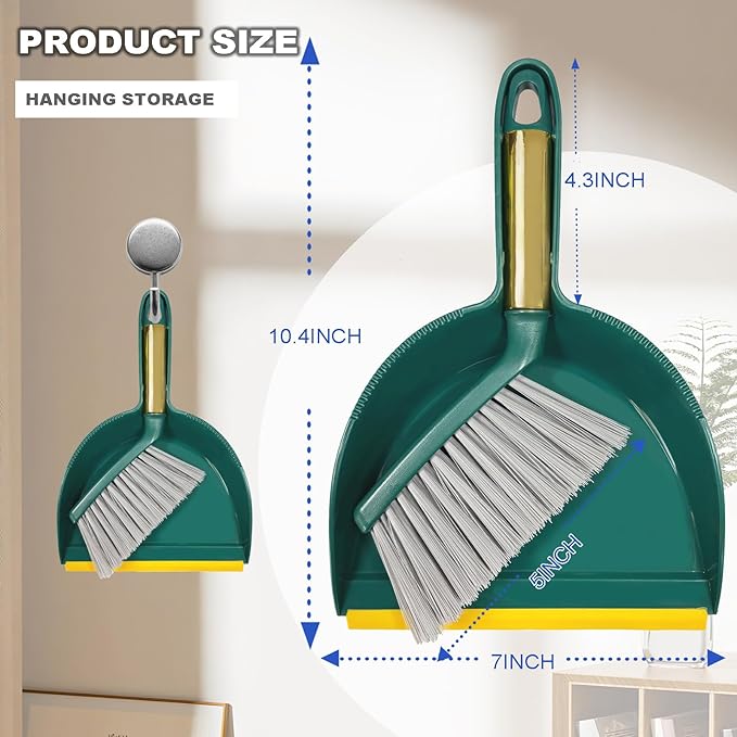 Small Broom with Dustpan Combo Set Mini Broom and Brush Set Hand Sweeper for Cleaning Desk Office Kitchen Pet Nest (Green)