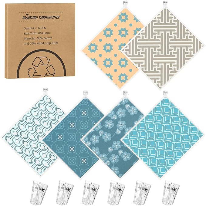 Needbrock 6 Pack Swedish Dishcloths for Kitchen, Geometric Pattern Swedish Rags Dish Towels with Clips, Reusable Paper Towels Washable Absorbent for Cleaning Home Kitchen Valentines Gifts for Women