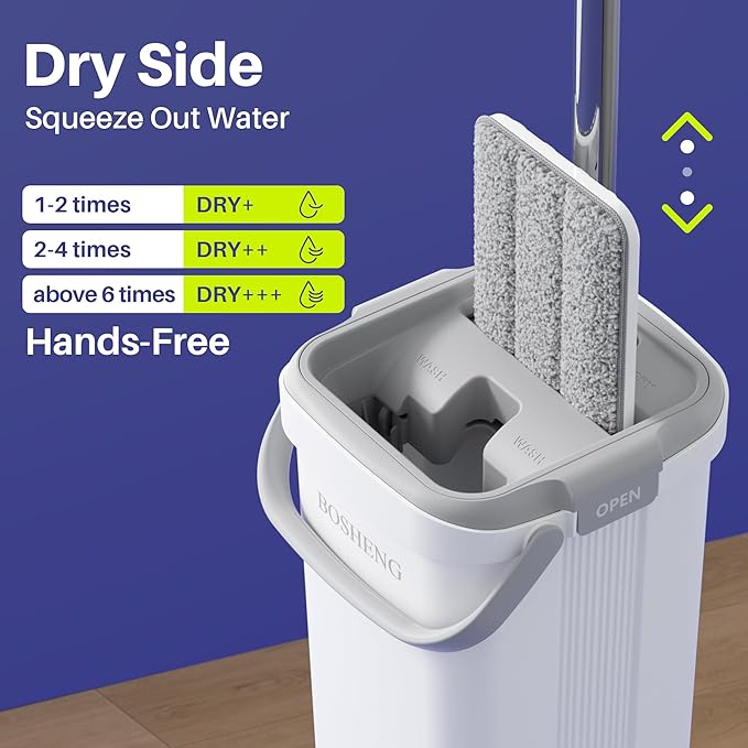 BOSHENG Mop and Bucket Set, Flat Mops for Floor Cleaning, Wall Mop with 60" Extensible Handle, Hardwood Floor Mop with 6 Microfiber Pads