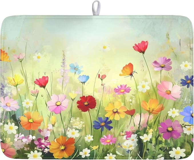 ABSOP Spring Summer Daisy Dish Drying Mat 18 x 24 Inch Colourful Floral Pattern Dish Drainer Rack Mat Absorbent Microfiber Mats Holiday Dish Pad for Kitchen Coffee Dining Bar Decor