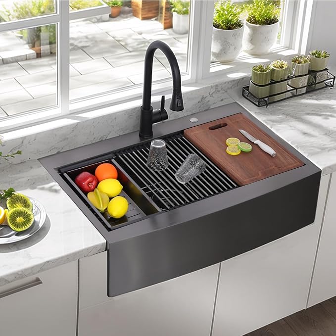 VC CUCINE 33x22 Inch Drop In Gunmetal Black Farmhouse Sink, 16 Gauge Stainless Steel Single Bowl Apron Front Workstation Farm Sink With Accessories