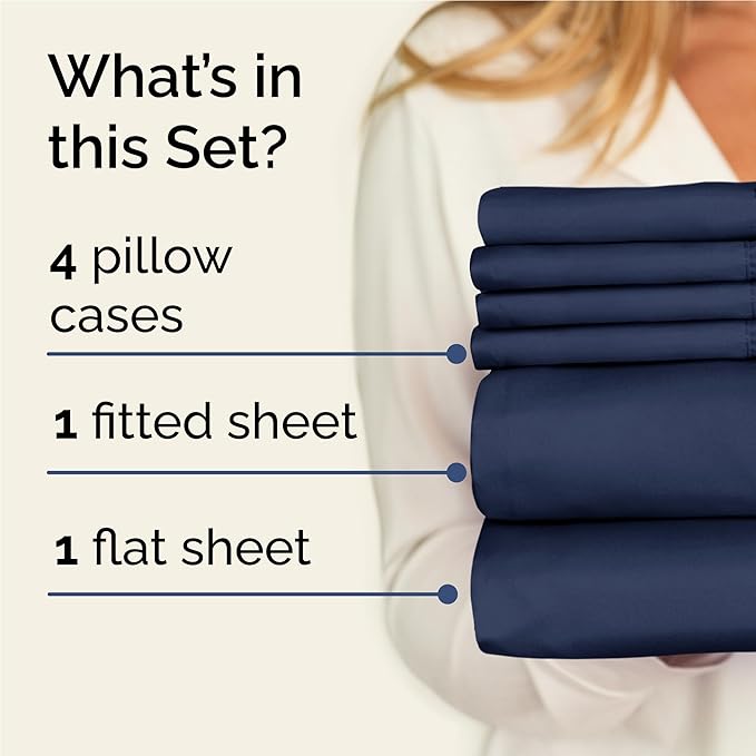 Full 6 Piece Sheet Set - Comfy Breathable & Cooling - Ultra-Soft Hotel Luxury Bedding Set with 8-16 Inch Deep Pockets - 1 Flat & 1 Fitted Sheet & 4 Pillowcases - Wrinkle Free & Easy Care - Navy Blue