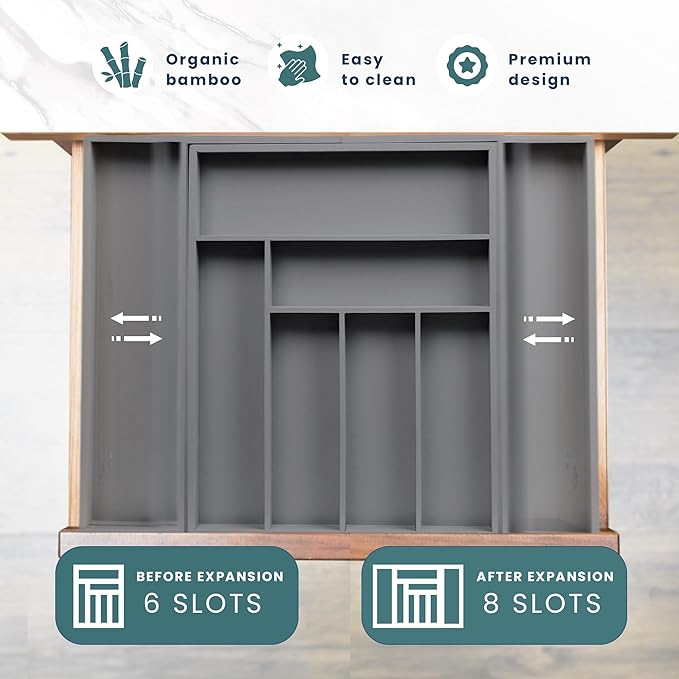 Sben Expandable Drawer Organizer for Utensils Holder, Adjustable Cutlery Tray, 6-8 Slots, Premium Wood Drawer Dividers Organizer for Silverware, Flatware, Knives for Kitchen (Gray)