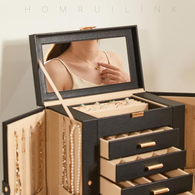 Large Leather Jewelry Box Organizer 6 layer Jewelry Storage Case for Women Girls Ring Necklace Earring Bracelet Holder with Mirror Valentine's Day Gift(Black)