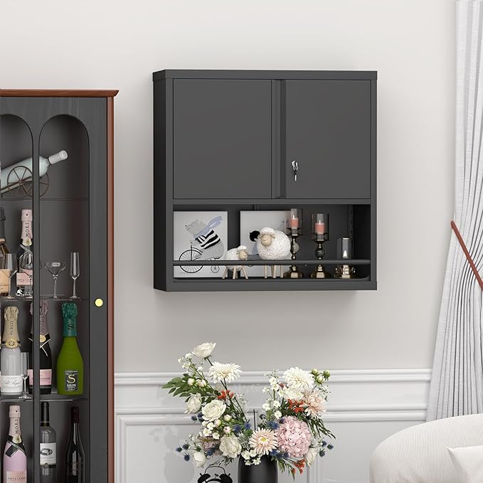 Garage Storge Cabinet, Metal Wall Storage Cabinet with Lock, Wall Mounted Heavy Duty Steel Tool Cabinet with Door and Shelf, Hanging Cabinet for Garage Warehouse Bathroom Kitchen