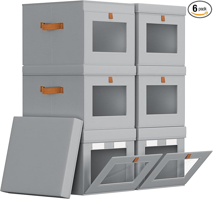 Storage Bins with Lid – Closet Organizer with Side Opening and Clear Window, Foldable Stackable Fabric Basket for Clothes, Home, Office - 13.77" x 11.8" x 9.8", 6 Pack, Grey