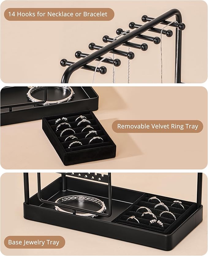 ProCase Jewelry Stand Holder Organizer, Jewelry Display Storage with Ring Tray, No-Assembly Needed, Rotating Earring Bracelet Necklace Holder, Christmas Gifts Room Dorm Decor for Teen Girls -Black