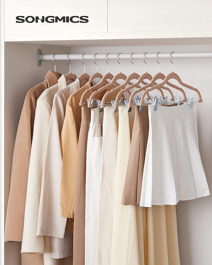 SONGMICS 30-Pack Pants Hangers, 16.7-Inch Long Velvet Hangers with Adjustable Clips, Heavy-Duty, Non-Slip Skirt Hangers, Space-Saving for Pants, Skirts, Coats, Dresses, Pale Brown UCRF012LB30