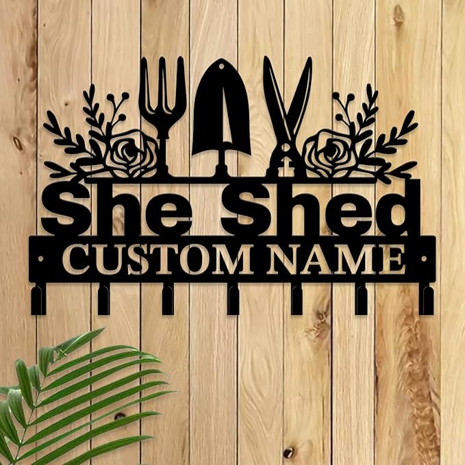 Personalized She Shed Metal Keys Hooks,Custom Name Metal She Shed Keys Hooks,Black Metal She Shed Wall Home Storage Decorative Keys Hooks,Key Holder Hooks for Wall (Style H)