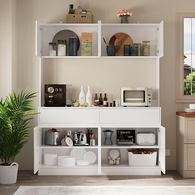 71" Kitchen Pantry Cabinet, Kitchen Hutch with Microwave Stand, Buffet Cabinet with Large Storage Drawers for Dining Room (White)