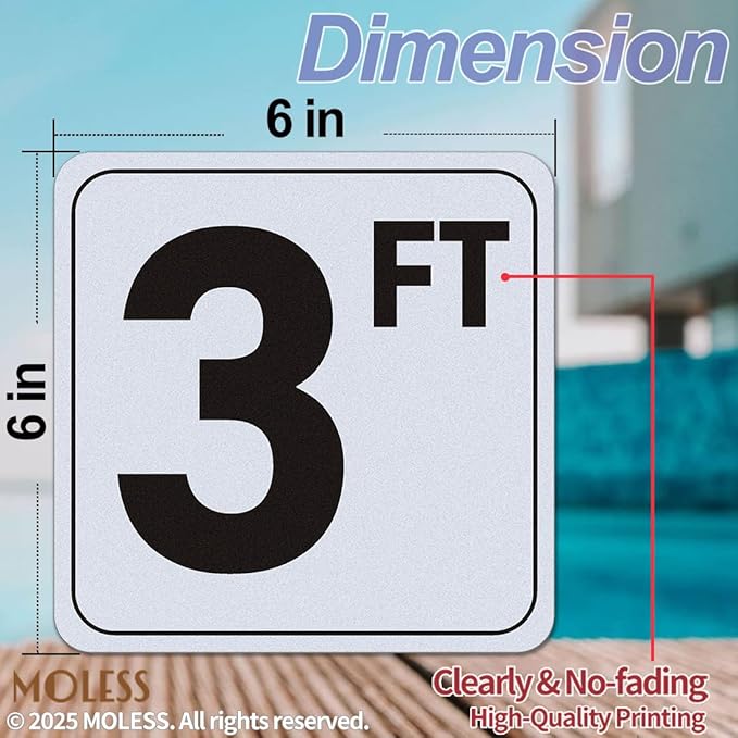 3FT Pool Depth Marker Stickers – 6x6″ Anti-Slip Vinyl Tile Stickers for Swimming Pool Safety Signs, Adhesive Pool Depth Markers for Decks, 3 FT (1 Pack)