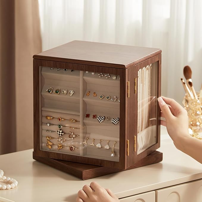 CHOSIN Black Walnut Wooden Jewelry Box, 360° Rotating Organizer with Glass Lid, 5 Drawers for Earrings, Rings, Necklaces – Vertical Jewelry Storage for Women Valentine's Day Gifts