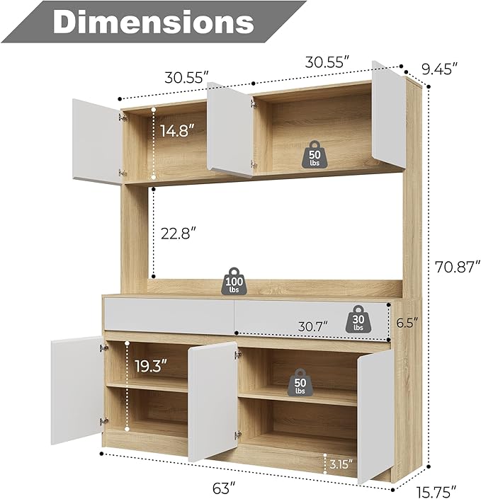 Kitchen Hutch Storage Cabinet, 63" W Large Pantry Cabinets with Microwave Oven Countertop, Freestanding Kitchen Pantry Storage Cabinet with 4 Doors, 2 Drawers and 7 Shelves, White + Walnut