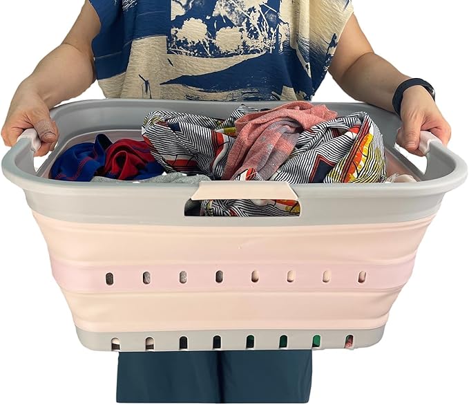 SAMMART 42 (11 Gallons) Collapsible Plastic Laundry Basket, Foldable Pop Up Storage Container/Organizer, Space Saving Hamper, Portable Bin for Dorm Room Bathroom (1, Grey/Pink)