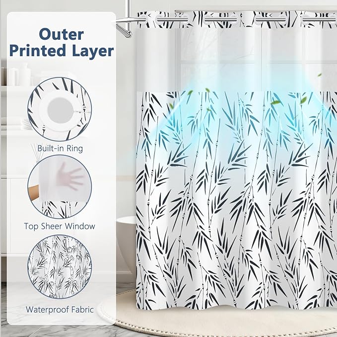 Dark Blue Bamboo Leaves Shower Curtain with Snap in Liner Set, Modern Boho Plant Aesthetic Design Bathroom Decorative Curtains, Waterproof Double Layers Fabric No Hook Shower Curtain, 71x74 inch