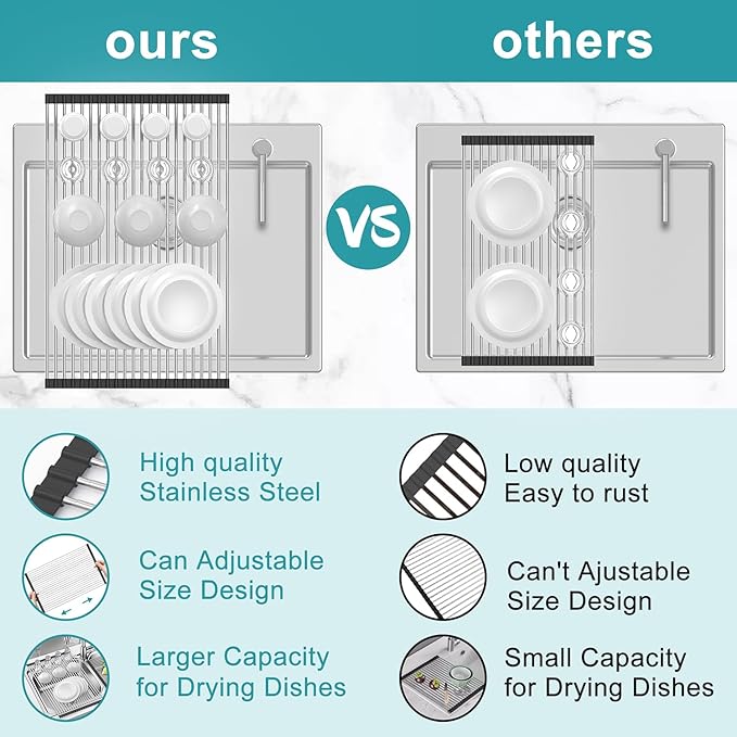 BBXTYLY Extra Expandable Roll Up Dish Drying Rack,Over The Sink Drying Rack Sink Cover Kitchen Sink Accessories Kitchen Rolling up Stainless Steel Drainer, Foldable,Rollable（Black，22.8''-12.4''）