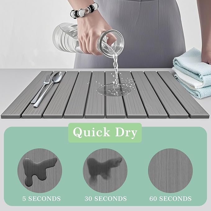 Large Stone Dish Drying Mat for Kitchen Counter,Absorbent Diatomaceous Earth Bath Mat Instant Drying Pad Foldable and Super Absorbent Mat for Dishes Cups Bottles,Grey 23*15.3in