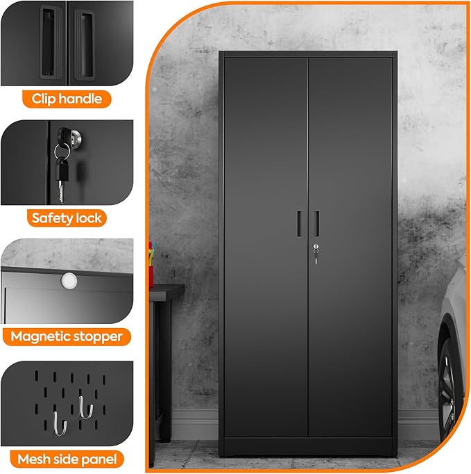 Aobabo Broom Closet Storage Cabinet, Lockable Garage Storage Cabinet for Home Garage, 71.41" H×31.53" W×15.74" D, Assembly Required, Black