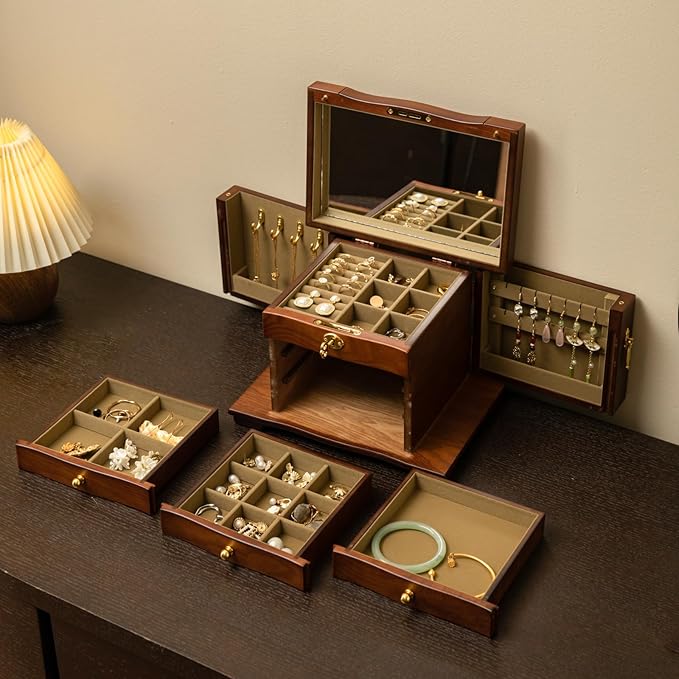 Kinsuite Black Walnut Jewelry Box - 4-tie Mirror & Multiple Drawers Handcrafted Solid Wood Treasure Chest for Women, Floral-Inspired Storage Organizer