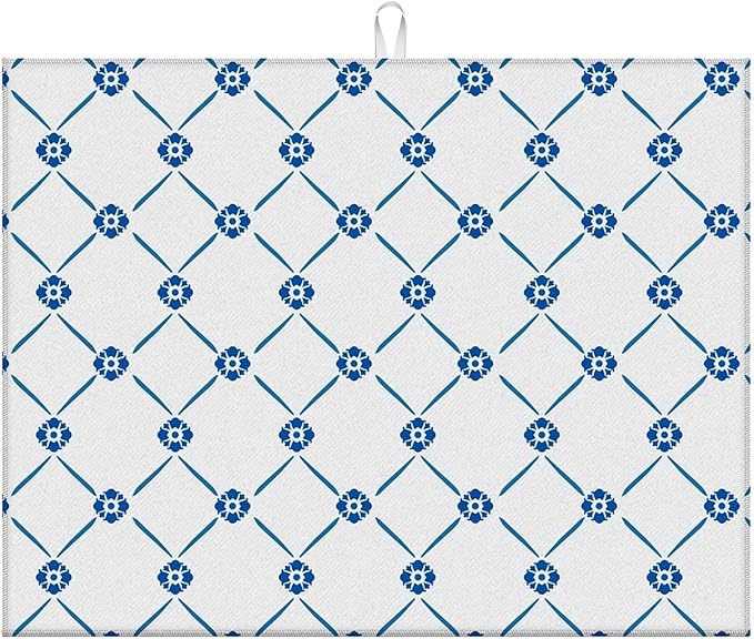 Dish Drying Mat For Kitchen Counter, Blue Floral Microfiber Absorbent Dish Drainer Rack Pad Reusable Large 18x24in Drying Mat