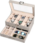 Voova Watch Jewelry Box Organizer for Men Women,12 Slot Leather Watch Storage Case Display Holder with Jewelry Drawer, Removable Watch Pillows, Large Glass Lid for Watches, Sunglasses,Rings,Wood Grey
