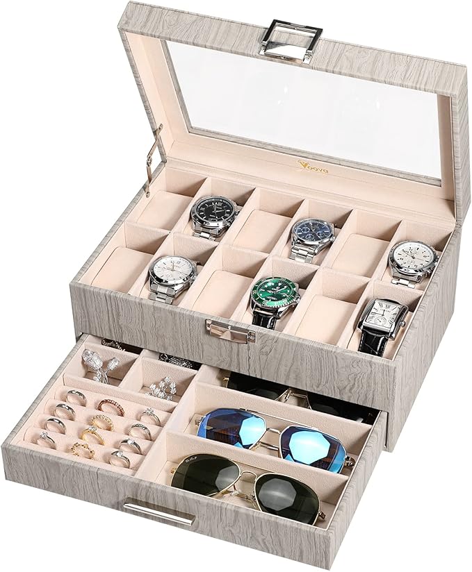 Voova Watch Jewelry Box Organizer for Men Women,12 Slot Leather Watch Storage Case Display Holder with Jewelry Drawer, Removable Watch Pillows, Large Glass Lid for Watches, Sunglasses,Rings,Wood Grey