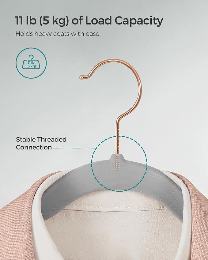 SONGMICS Slim Velvet Hangers, Non-Slip Clothes Hangers with Rose Gold Swivel Hooks, Space-Saving, for Closet, 50 Pack, Dove Gray UCRF026G50