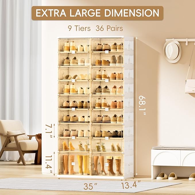 JEKO&JEKO 9-Tier Foldable Shoe Storage Box with Magnetic Doors, Large Stackable Shoe Organizer Cabinet for Entryway, Clear Front Door Shoe Boxes Hold Up to 36 Pairs (White)