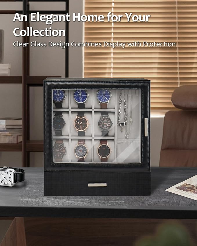 Jenseits 9-Slot Watch Box, Mens Jewelry Box with Glass Lid and Drawer, Leather Watch Organizer for Watches, Sunglasses, Vertical Watch Case Holder for Men Women, Gift Idea