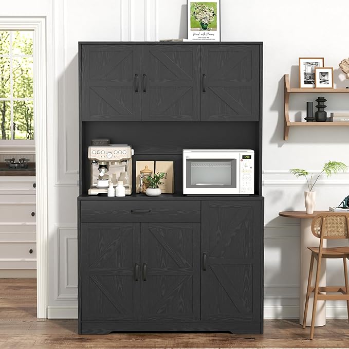 71" Pantry Cabinet with Charging Station, Large Capacity Kitchen Hutch Storage Cabinet, Kitchen Cabinet with Microwave Stand, Storage Drawers & Adjustable Shelves for Dining Room, Black