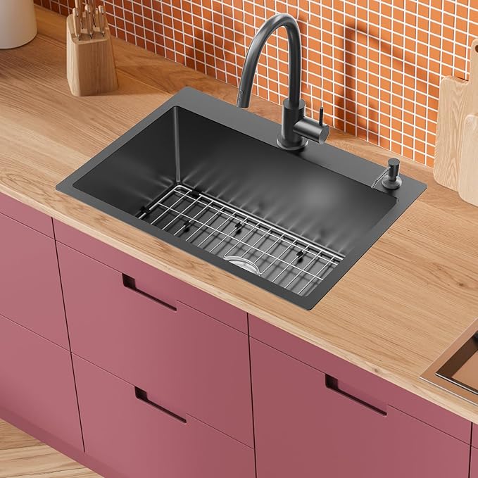 Black Kitchen Sink,25x18 Inch Kitchen Sink Stainless Steel Drop In Kitchen Sink Topmount Stylish and Modern Look Sink With Bottom Grid,Drain Basket And Drain Assembly Add Elegance & Enhance Usability