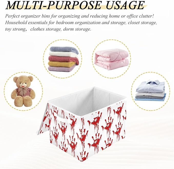 Bolaz Storage Bins with Lids and Handles, Bloody Scary Hands Storage Box Storage Basket with Cover Collapsible Organizer Containers for Home Closet, Shelves
