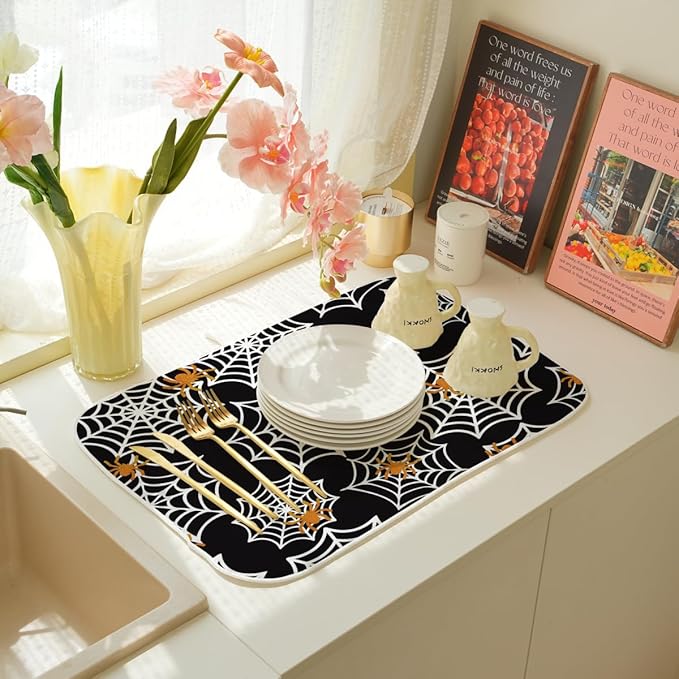 Halloween Dish Drying Mat 18 x 24 Inch Spider Web Drying Mat for Kitchen Counter Absorbent Spiders Black Dishes Dry Pad for Drainer Rack Kitchen Fast Dry