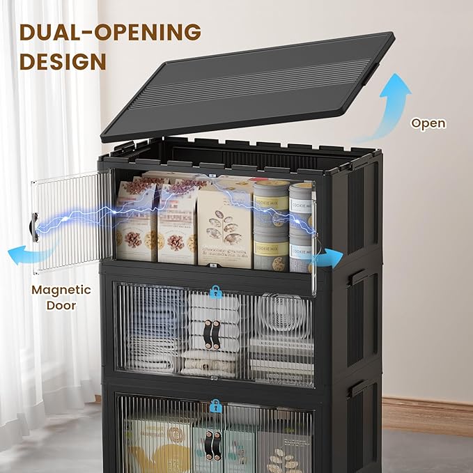 SAILUN 381Qt Extra Large Stackable Storage Bins Folding Collapsible Storage Bins with Lid, Closet Organizers and Storage Box with Door Black 28" W x 17" D x 46" H