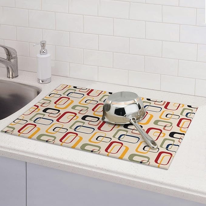 Mid Century Modern Retro Kitchen Drying Mat Vintage Decorative Microfiber Dish Drainer Mat for Kitchen Counter Absorbent Reusable Washable 18x24 Inch