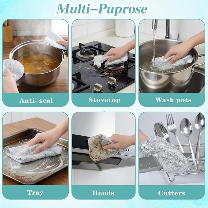 10Pcs Wire Dishwashing Cloth Multipurpose Non Scratch Wire Dishcloth Cleaning Rags with Multi-Layer Cotton Thread Reusable Metal Dish Cloth for Dishes Kitchen Cleaning