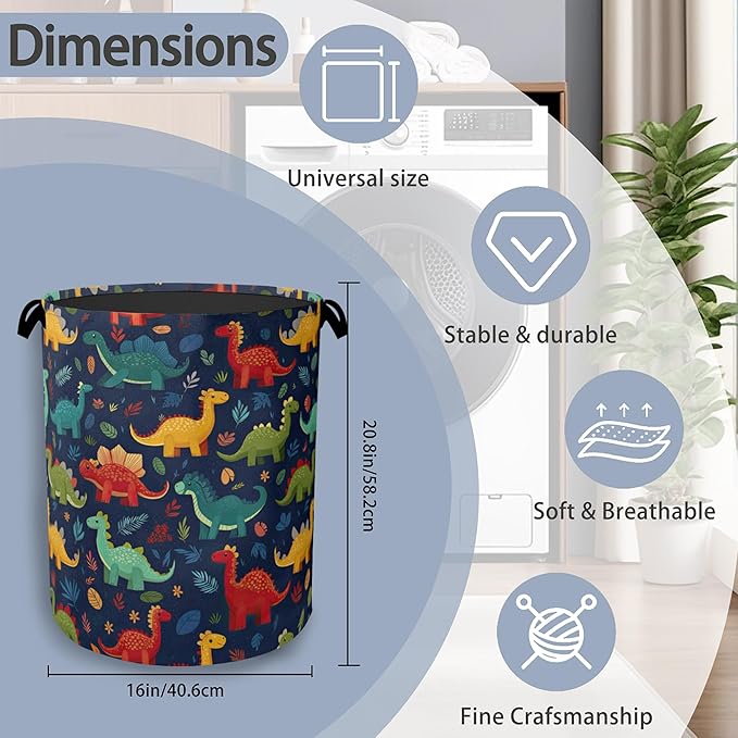 Cute Dinosaur Laundry Hamper,Fern Plants Dirty Clothes Laundry Basket with Handles Waterproof Oxford Cloth Storage Basket for College Dorms Bathroom Bedroom 16" x 20.8"
