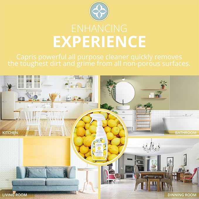 CAPRI ESSENTIALS All Purpose Cleaner, Natural Household Cleaning Supplies, Plant Based Kitchen Counter Surface Spray, Removes Dirt & Grime, Blend of Essential Oils, Lemon Verbena, 23 FL Oz (6 Pack)