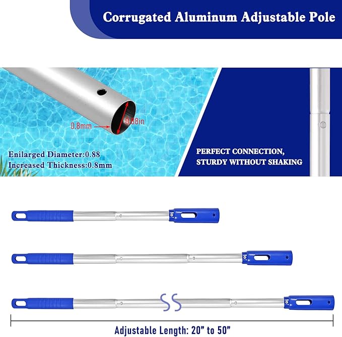 Poolvio Swimming Pool Cleaning Kit, 14'' Brush Head & 50'' Telescopic Aluminum Pole with Fine Mesh Skimmer Net - Perfect for Above Ground Pools, Spas, Hot Tub Fountains Blue (PK0140)