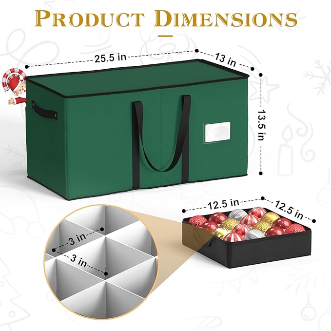 Christmas Ornament Storage Box With 8 Trays - Stores Up to 128 Holiday Ornaments, Christmas Storage Container with Side Pocket, Adjustable Dividers, Card Slot, Tear-Proof Fabric - Green