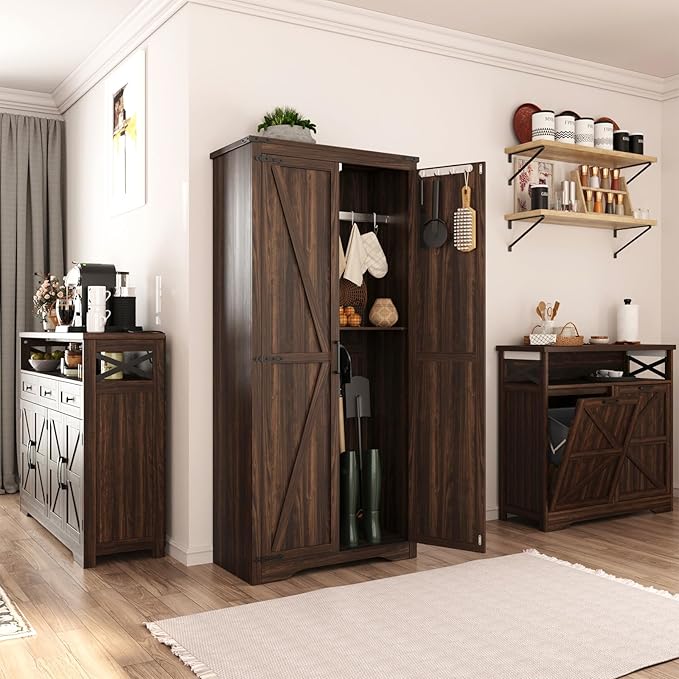 Farmhouse Storage Cabinet with Adjustable Shelves, Large Pantry Organize with 2 Barn Doors, Tall Freestanding Cabinet for Kitchen, Bathroom, Garage, Basement, Living, Utility Room, Rustic Brown