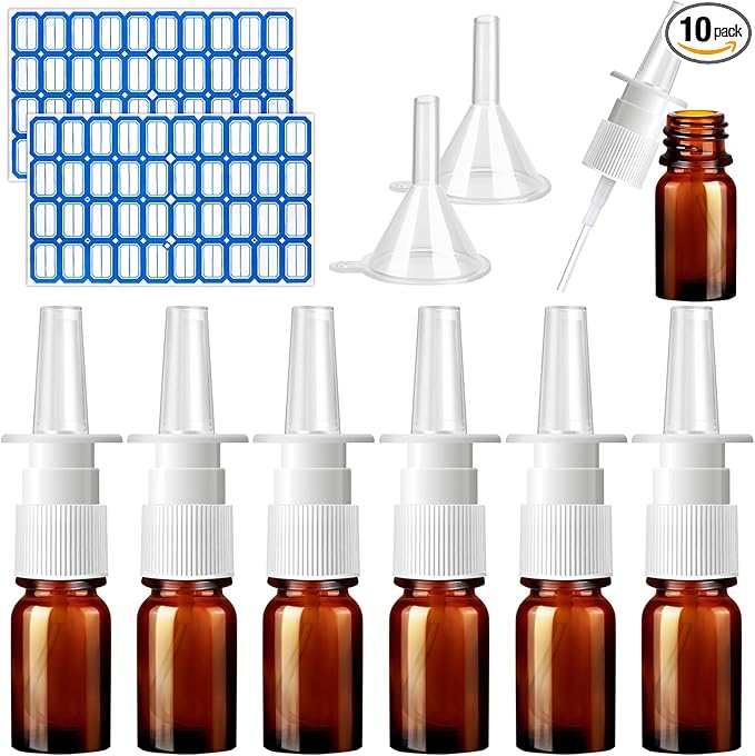 ZHWKMYP 10 Pcs Nasal Spray Bottle, 5ML/0.17OZ 6 Pcs Brown Fine Mist Glass Empty Refillable Nasal Spray Bottle with 2 Funnels and 2 Labels