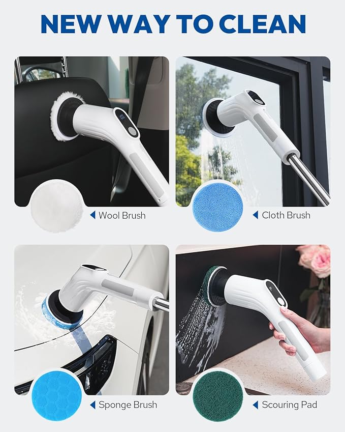 Electric Spin Scrubber for Cleaning - Upgraded Cordless Cleaning Brush Scrubber - IPX7 Waterproof Power Scrubber with 7 Brush Heads, Extended Handle and 2 Speeds for Bathroom Shower Bathtub Floor