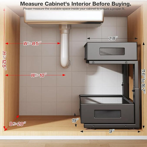 2 Packs 19IN Depth Under Sink Organizer, 2-Tier Pull Out Cabinet Organizer With Smooth Circular Rail, Large Capacity Metal Mesh Sliding Drawers For Bathroom& Kitchen Storage,Height Adjustable –Black