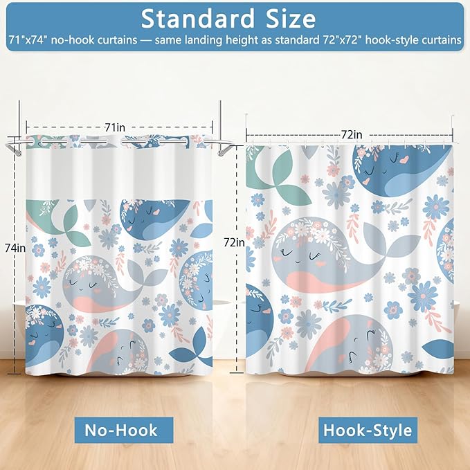 No Hook Shower Curtain with Snap-in Liner, Shower Curtains for Bathroom with Weighted Bottom & See Through Top Window, Cute Whale Fabric Shower Curtain for Home, Dormitories, and Hotel, 71 x 74 Inch