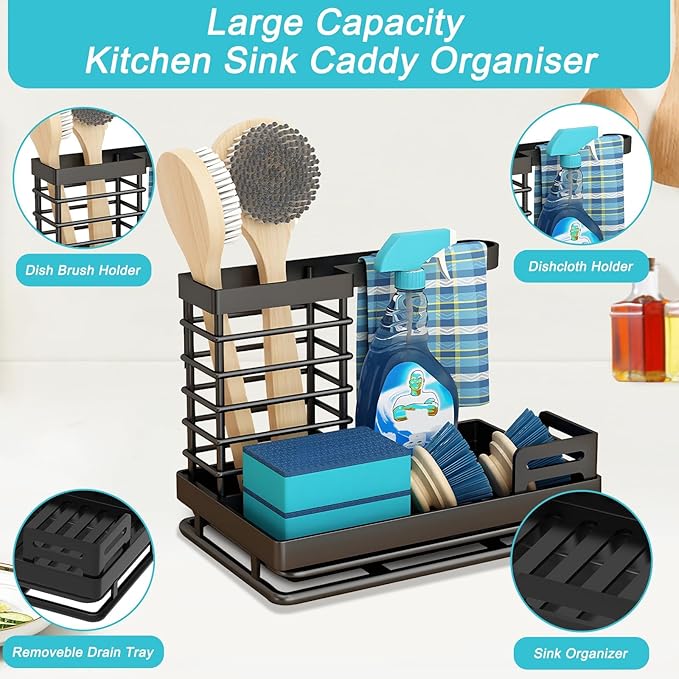 Sink Caddy, Kitchen Sink Organizer Sponge Holder, Kitchen Sink Accessories Stainless Steel Sponge Holder, Sink Brush Holder with Removable Drain Tray for Sponge Dish Brush Soap Scrubber Dishcloth