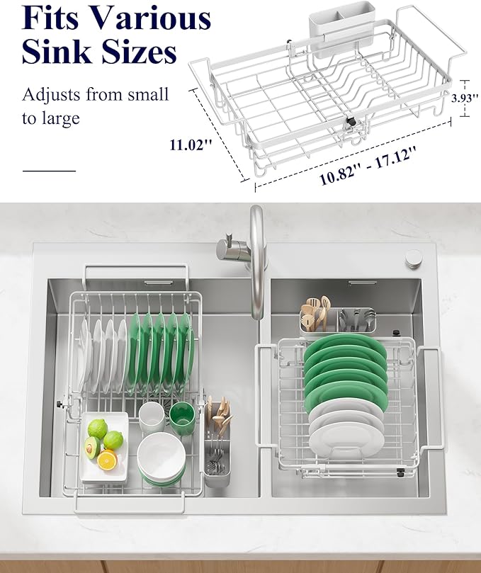 Kitsure Dish Drying Rack – Expandable in-Sink or Over-Sink Dish Rack for Kitchen Counter, Rust-Resistant Metal Dish Strainer with Cutlery Holder, 10.82"-17.12" L x 11.02" W x 3.93" H, Grey