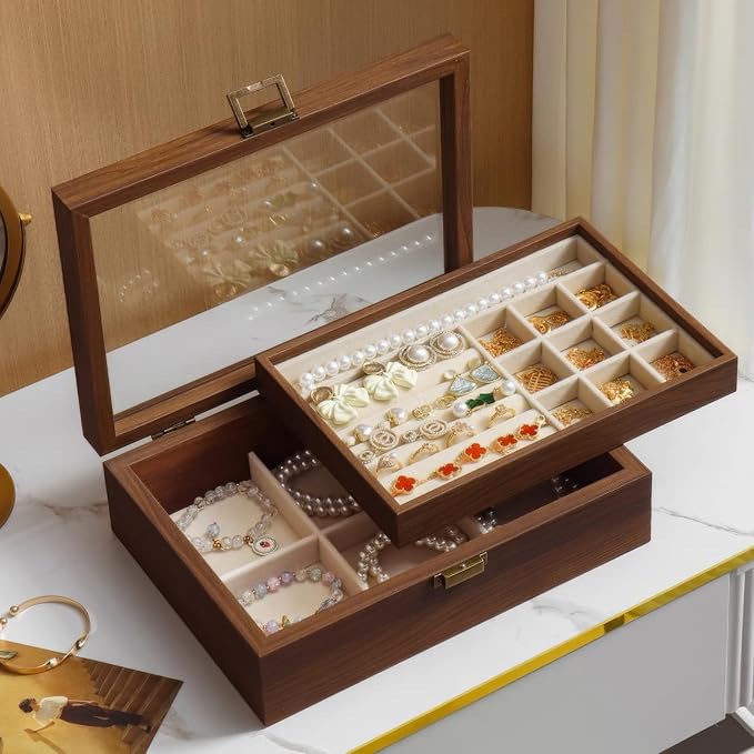 2-Layer Glass Lid Walnut Jewelry Box for Women, Vintage Style Solid Wood Jewelry Organizer and Display Case, Ideal Gift for Rings, Earrings, Necklaces & Bracelets
