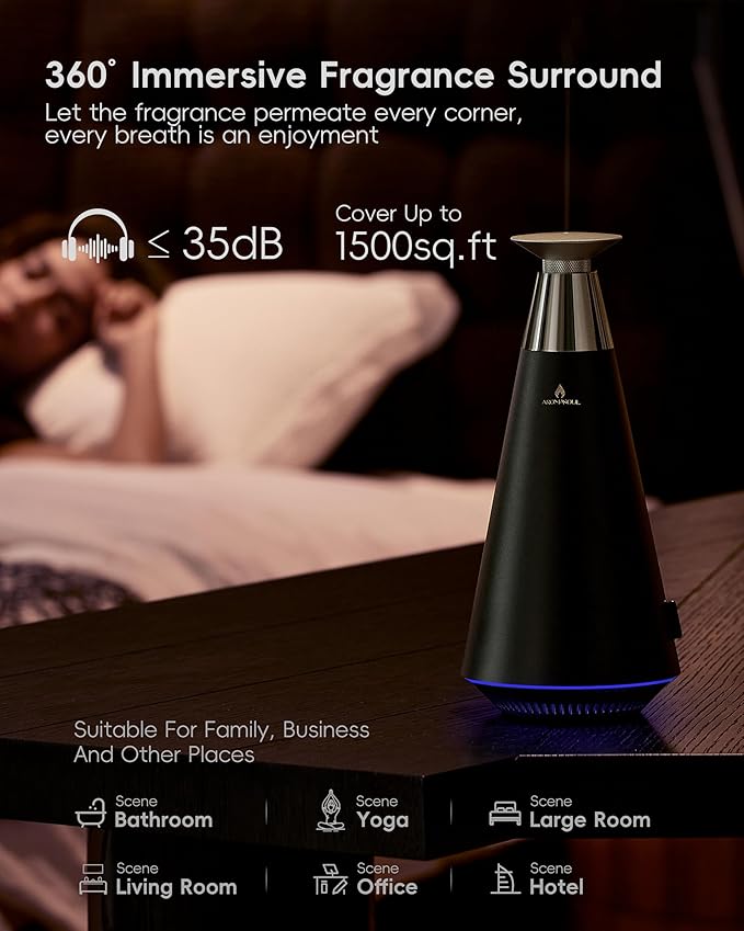 Waterless Scent Diffuser Starter Kit - 1500 Sq Ft Coverage, Alloy Atomization System,Mood Light,Smart Rechargeable Hotel Scent Diffuser, Including 120ml Essential Oil, for Home,Large Room,Spa,Black